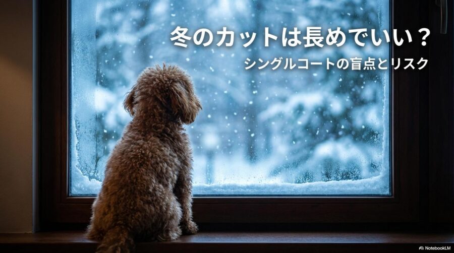 冬の窓辺に佇むトイプードルの後ろ姿。この記事のテーマである「トイ プードル 冬 カット」の適切な長さとシングルコートのリスクを象徴する一枚。