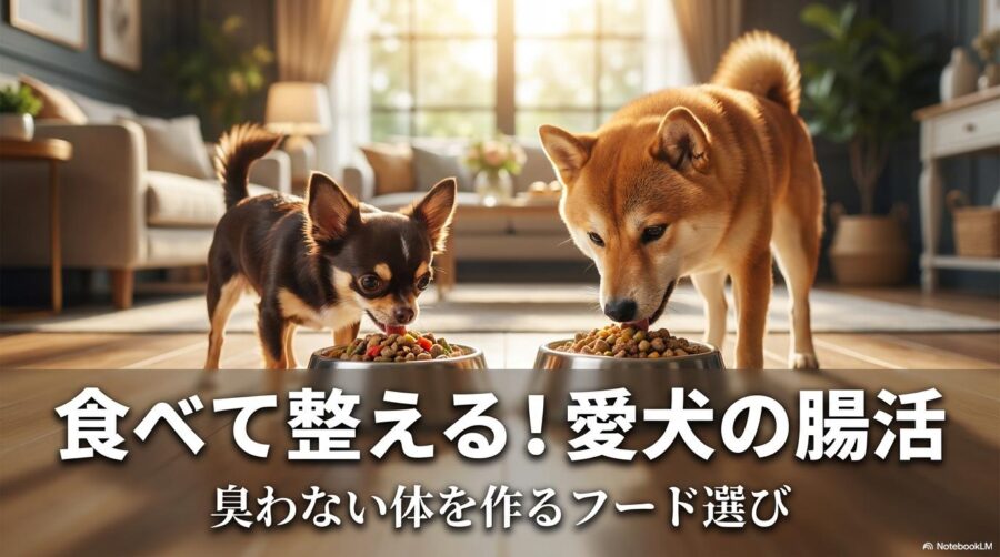 幸せそうに食事をする健康な犬たちの写真。この記事のテーマである「犬 腸活 サプリメント」やフード選びによる改善を象徴する一枚。