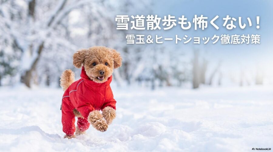 防水ウェアを着て雪道を元気に散歩するトイプードル。この記事のテーマである「冬の散歩」の安全対策（スノーボール防止）を象徴する一枚。