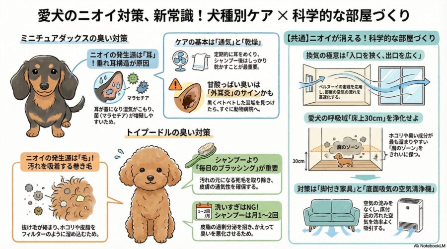 図解『室内犬の臭い対策は犬種で違う？ダックスとプードルの部屋作り』