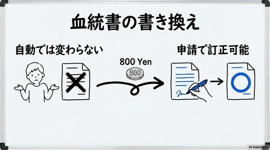 血統書の×印訂正手続きの図解。自動更新されないことと、申請によって変更可能であることをVS図で表現した画像。