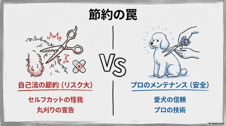 トイプードルのトリミング頻度をサボった際のリスク比較。安易なセルフケアの危険性と、プロに任せることの安全性をVS図で表現した画像。