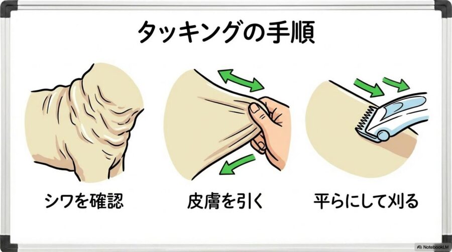 皮膚を守るタッキング技術の図解。指で皮膚を伸ばして平らな面を作る手順を3ステップで表現した画像。