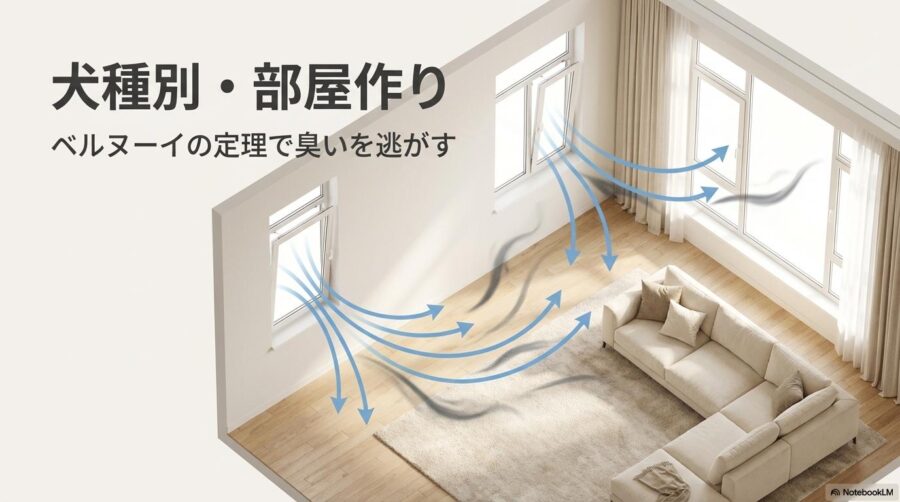 ベルヌーイの定理を応用した部屋の換気シミュレーション図。この記事のテーマである「室内 犬 臭い 対策」において、犬種ごとの身体構造に合わせた環境設計が重要であることを象徴する一枚。