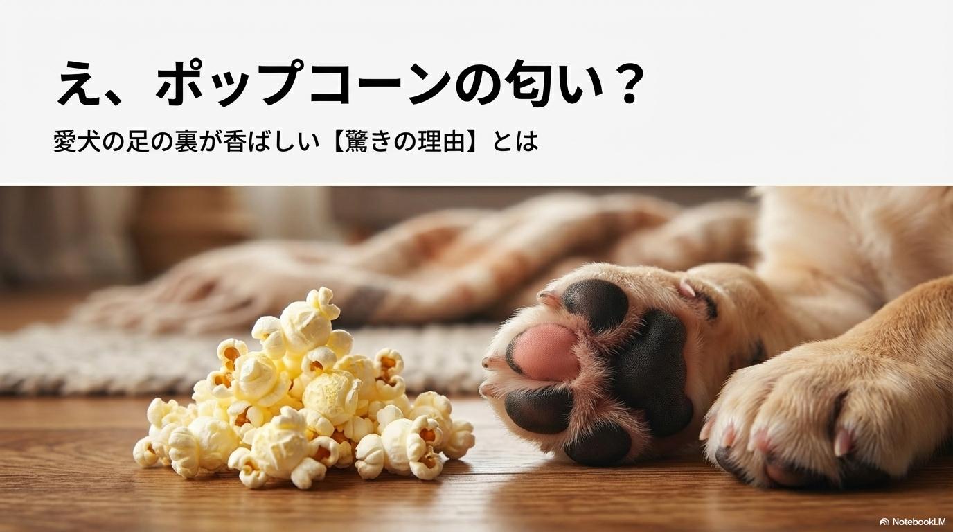 ポップコーンの横に並べられた可愛らしい犬の肉球。この記事のテーマである「犬 足の裏 臭い」の正体がポップコーン臭である理由を解説する一枚。