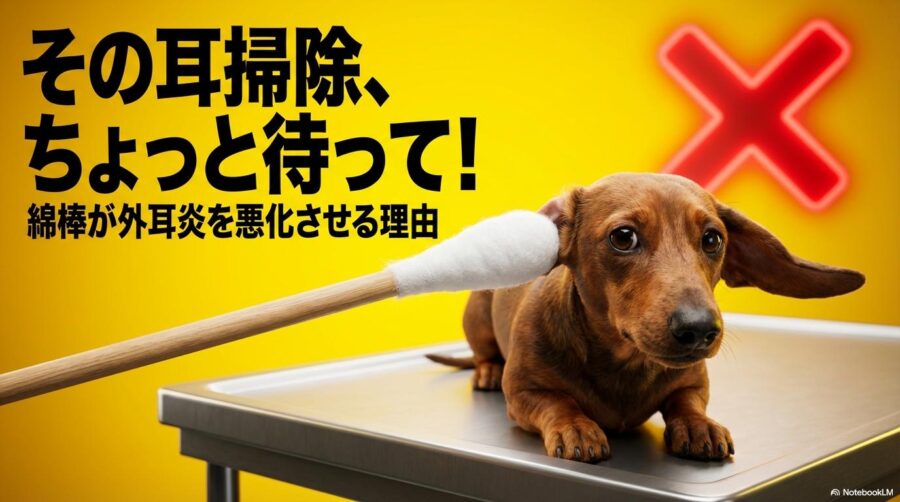 綿棒を向けられて怖がるダックスフンドと警告マークのイラスト。この記事のテーマである「柴犬 耳 臭い」対策として綿棒がNGであることを象徴する一枚。