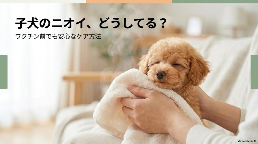 ホットタオルで優しく拭いてもらうトイプードルの子犬。この記事のテーマである「トイプードル 3ヶ月 臭い」に対し、ワクチン完了前でも安全にできる消臭ケアを象徴する一枚。