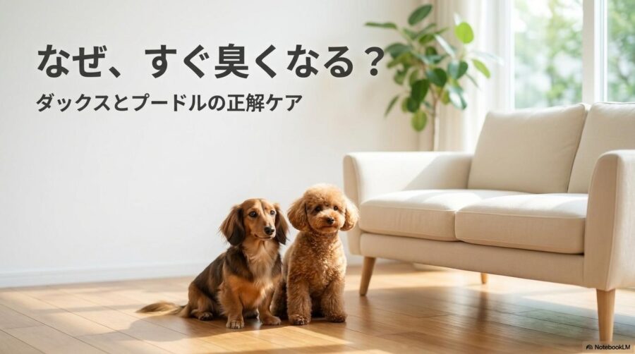 清潔なリビングで仲良く並ぶダックスとプードル。この記事のテーマである「ミニチュアダックス 臭い」「トイプードル 臭い」の根本原因と正しい対処法を解説することを象徴する一枚。