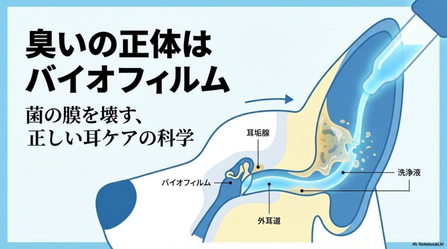 耳の中のバイオフィルムと洗浄の仕組みを表現した図解画像。この記事のテーマである「柴犬 耳 臭い」原因を科学的に解説することを象徴する一枚。