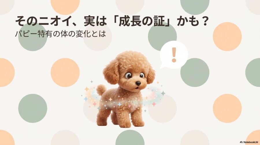 成長の証としての臭いと向き合うトイプードルのイメージ図。この記事のテーマである「トイプードル 3ヶ月 臭い」の原因をポジティブに捉え、解決策を提示するための一枚。
