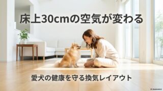 床に近い位置で愛犬と触れ合う飼い主。この記事のテーマである「室内 犬 臭い 対策」として、床上30cmの空気質を改善する部屋作りのメリットを象徴する一枚。