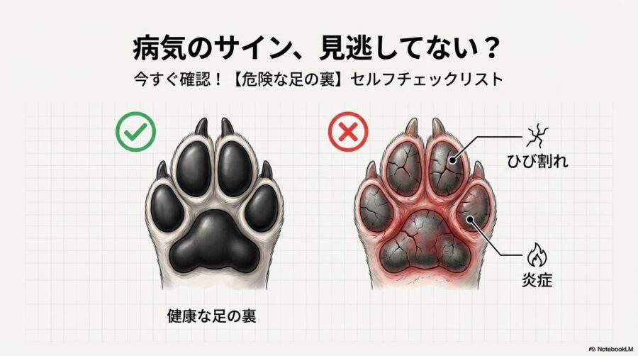 健康な状態と異常な状態の肉球を比較した視覚的イメージ。この記事のテーマである「犬 足の裏 臭い」が病的なものかどうかを見分ける基準を示す一枚。