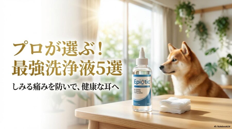 耳洗浄液と健康そうな柴犬の写真。この記事のテーマである「犬 耳洗浄液 おすすめ」ランキングと正しい道具選びを象徴する一枚。