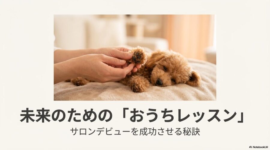 飼い主と触れ合うトイプードルの子犬。この記事のテーマである「トイプードル 3ヶ月 臭い」対策と並行して重要な、サロンデビューに向けたハンドリング練習を象徴する一枚。