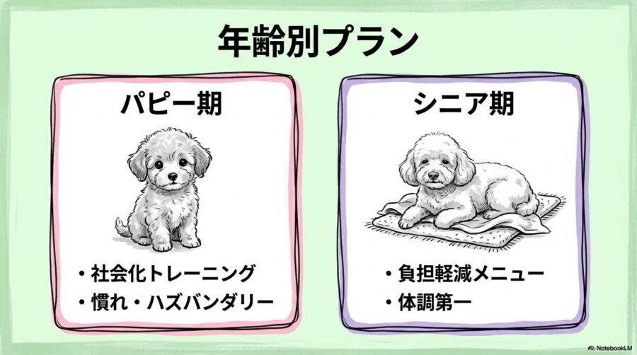 トイプードルのトリミング頻度と年齢別の対応。子犬期の慣らしと老犬期の負担軽減のポイントをカード型で表現した画像。