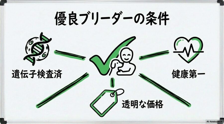 信頼できるブリーダーの選び方図解。遺伝子検査や健康管理など、購入前に確認すべき3つのポイントを表現した画像。