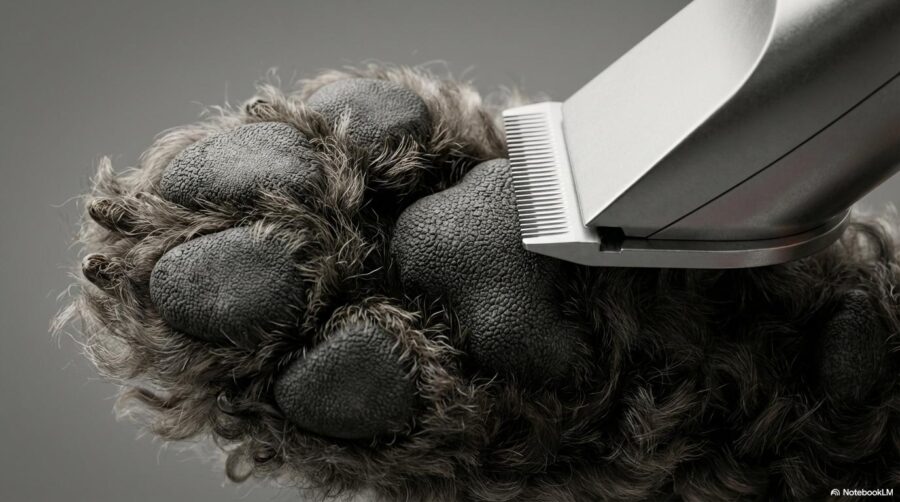 足裏バリカンの正しい当て方の図解。肉球に対して刃を平行に寝かせて使用する様子を表現した画像。