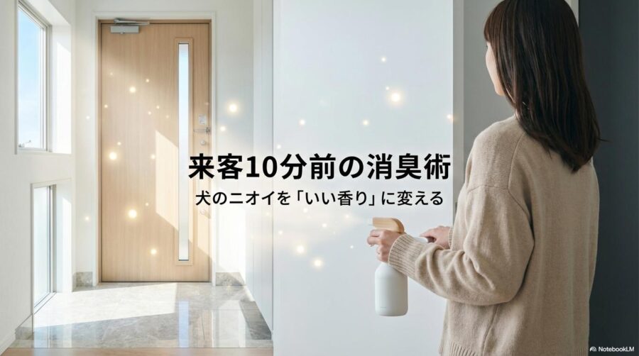 来客直前に玄関で消臭スプレーを持つ飼い主。この記事のテーマである「犬 部屋 臭い 消す」ための即効性があるペアリング消臭テクニックを象徴する一枚。