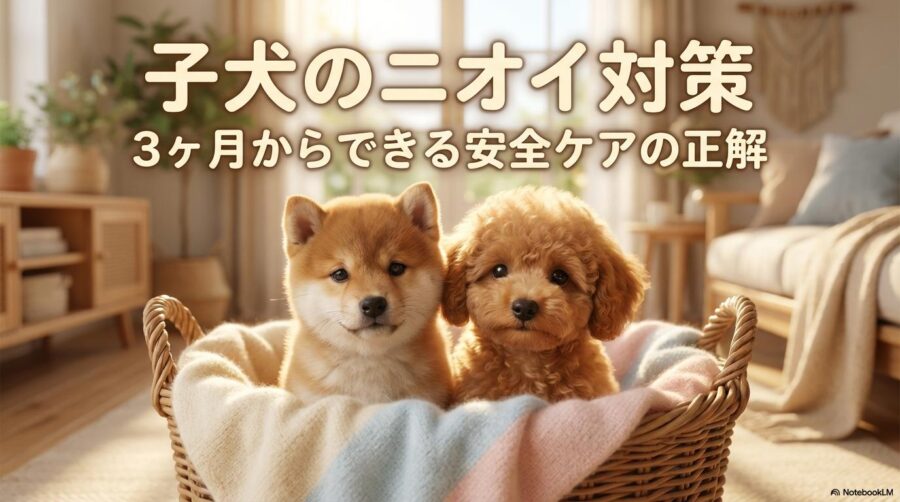 日差しの中でくつろぐ柴犬とトイプードルの子犬のイラスト。この記事のテーマである「子犬 臭い」対策と安全なケアを象徴する一枚。