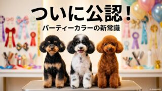 並んで座る異なる毛色のトイプードルたちと、中央で輝くパーティーカラー。この記事のテーマである「トイ プードル パーティー カラー」の公認化と多様性を象徴する一枚。