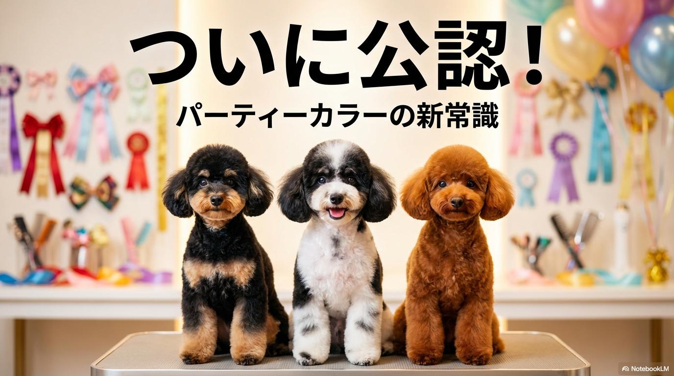 並んで座る異なる毛色のトイプードルたちと、中央で輝くパーティーカラー。この記事のテーマである「トイ プードル パーティー カラー」の公認化と多様性を象徴する一枚。