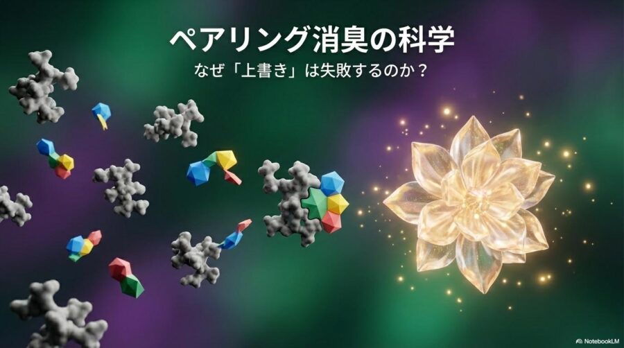 悪臭と香料が調和するメカニズムを表現したグラフィック。この記事のテーマである「ペアリング消臭」が犬の部屋の臭いを消す仕組みを象徴する一枚。