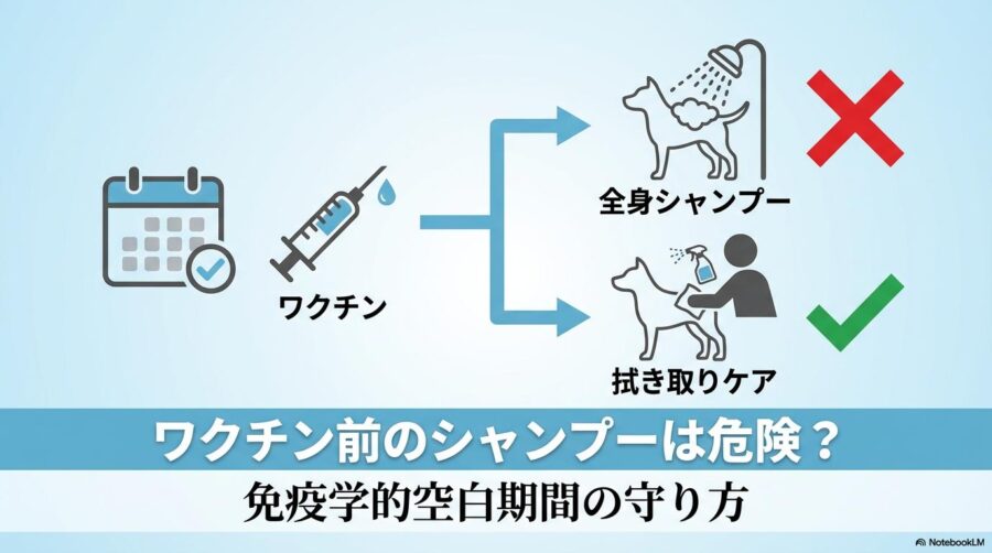 ワクチンスケジュールとケアの可否を示した図解画像。この記事のテーマである「子犬 臭い」対策における免疫学的な安全性を象徴する一枚。