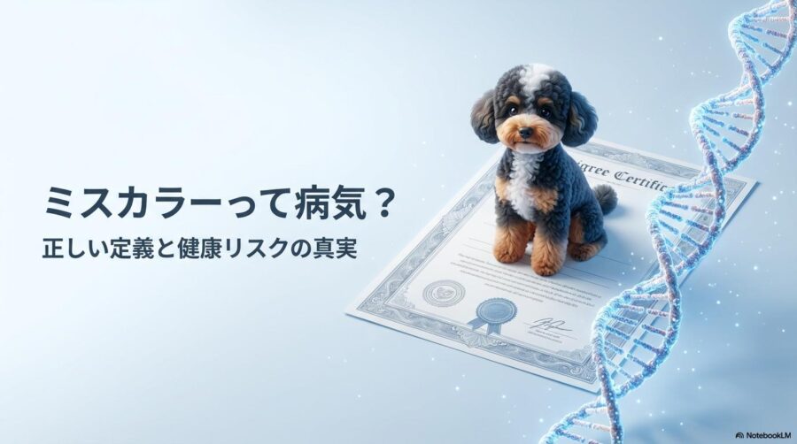 血統書とDNAのメタファーを背景にしたパーティーカラーのイラスト。この記事のテーマである「トイプードル ミスカラー」の正しい知識とリスク管理を象徴する一枚。