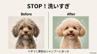 皮膚の健康状態を喜ぶトイプードルのキャラクター。この記事のテーマである「トイプードル 臭い シャンプー」対策として、洗いすぎによるリバウンド皮脂の解消を象徴する一枚。