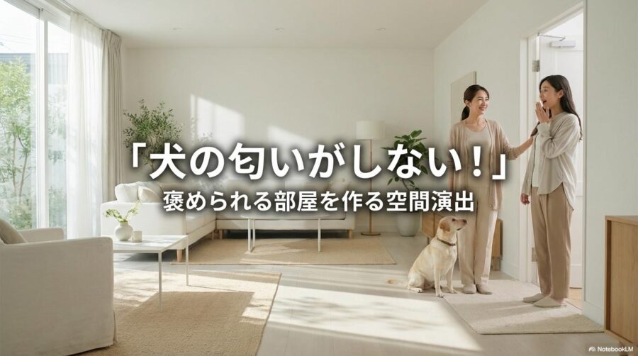 友人を快く迎える飼い主と愛犬。この記事のテーマである「犬 部屋 臭い 消す」対策を成功させ、来客に好印象を与える住環境を象徴する一枚。