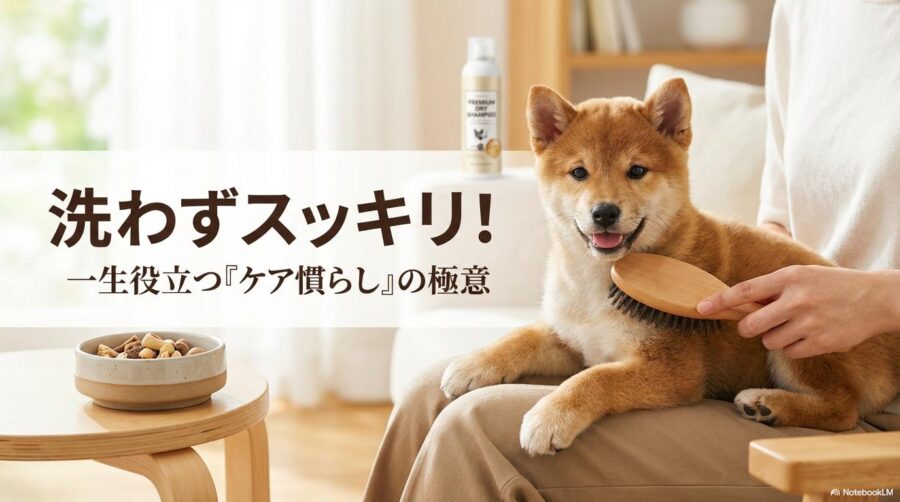 飼い主になでられながらケアを受ける子犬の写真。この記事のテーマである「子犬 臭い」対策としての代替ケアと社会化トレーニングを象徴する一枚。