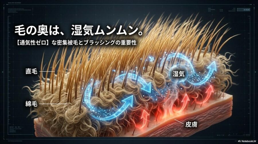 ダブルコート内部の通気性を視覚化したインフォグラフィック。この記事のテーマである「柴犬 獣 臭い」の原因となる微気候とブラッシングの重要性を示す一枚。