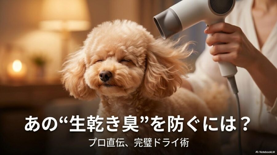 ドライヤーで乾かされるフワフワのトイプードル。この記事のテーマである「トイプードル 臭い シャンプー」後の仕上げとして、生乾き臭を防ぐドライング術を象徴する一枚。