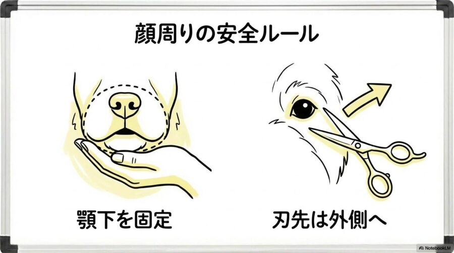 顔周りカットの安全ポイントの図解。マズルと目周りのハサミの入れ方と保定のコツをカード型で表現した画像。