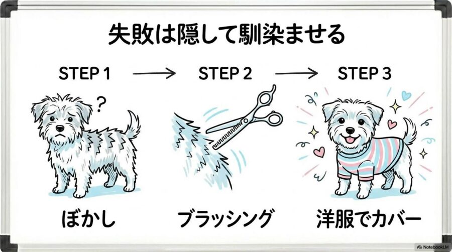 セルフカット失敗時のリカバリー手順の図解。すきバサミでの修正や服でのカバー方法を3ステップで表現した画像。