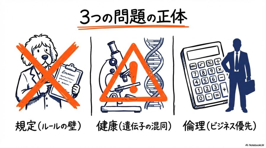 パーティーカラーの問題の図解。規定、健康、倫理の3つの側面を3ステップ図で表現した画像。