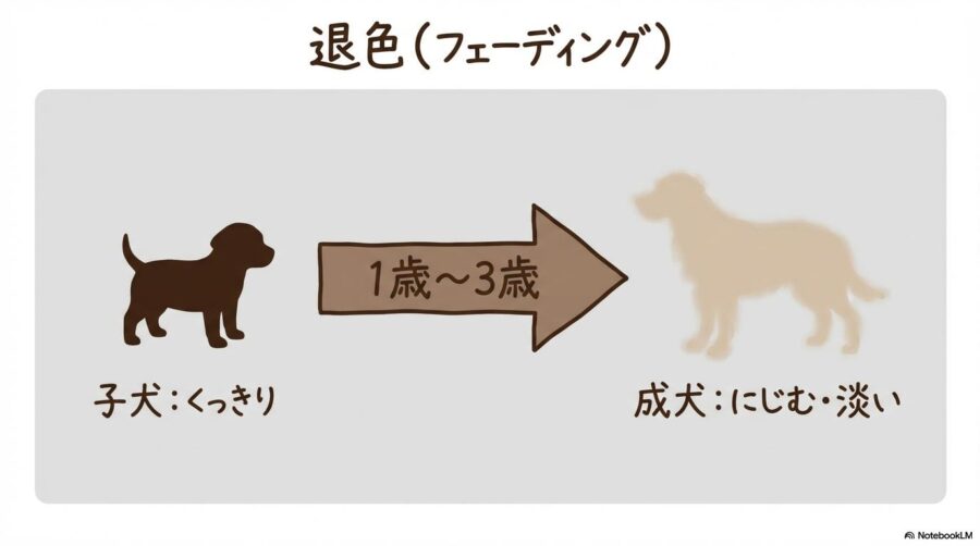 成長による毛色の変化の図解。子犬時代と成犬時代のコントラストの差をVS図で表現した画像。