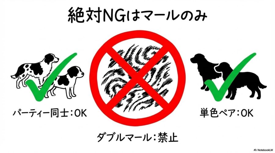 交配のタブーに関する図解。マール遺伝子の危険性と通常のパーティーカラーの安全性をセンター配置で表現した画像。