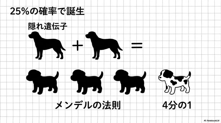 遺伝の確率に関する図解。単色の両親からパーティーカラーが生まれる仕組みを数式図で表現した画像。
