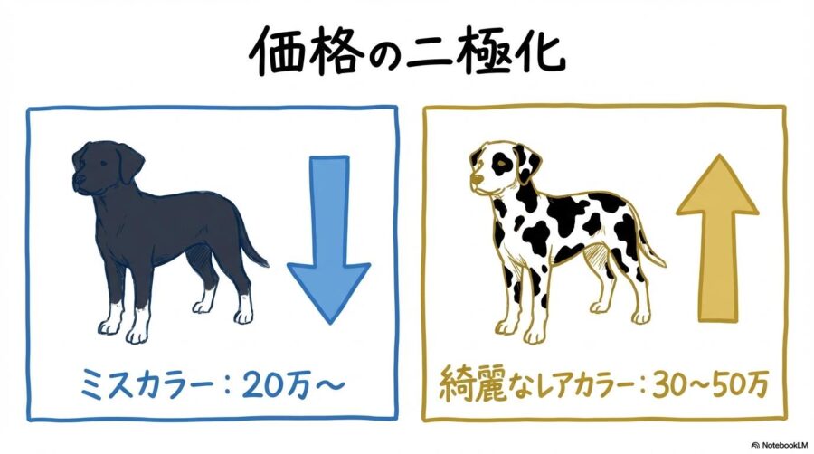 価格相場の図解。ミスカラーとレアカラーの価格差をカード型で比較表現した画像。