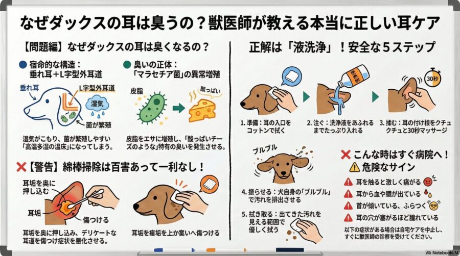 図解『ダックスの耳が臭い！垂れ耳の構造的原因と綿棒NGの正しいケア』