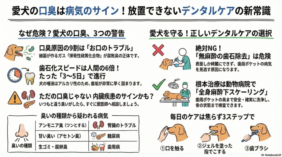 図解『犬の口が臭い！原因の9割は歯周トラブル？3日で歯石化する恐怖と正しいケア』