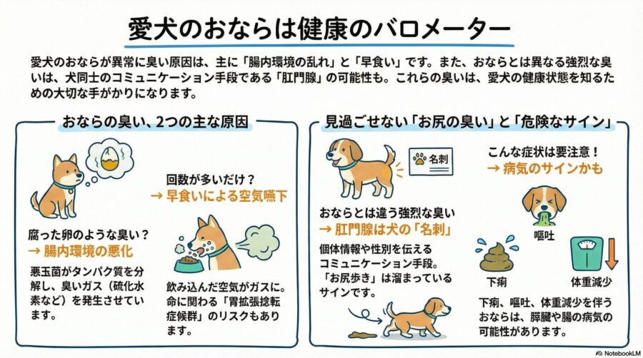 図解『犬のおならが異常に臭い!原因は肛門腺?腸内環境の改善と病気サイン』
