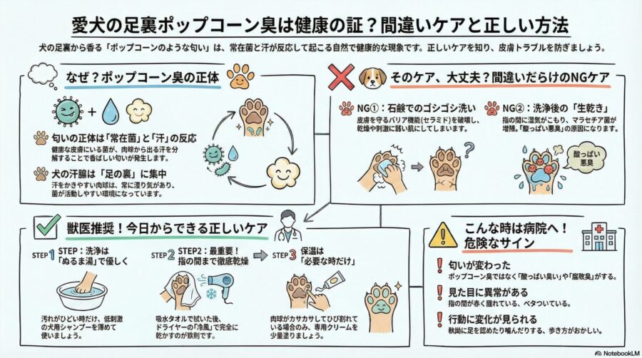 図解『犬の足の裏が臭い！ポップコーン臭の正体と洗いすぎ厳禁の正しいケア』