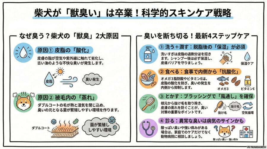 図解『柴犬が獣臭い原因は皮脂の酸化？ダブルコートの蒸れを防ぐスキンケア術』