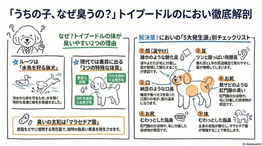図解『トイプードルが臭い原因を科学と歴史で解明！5大発生源を断つ自宅ケア戦略』