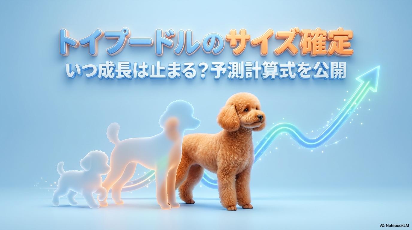 子犬から成犬へと成長するトイプードルのシルエットと上昇グラフ。この記事のテーマである「トイプードル 成犬」のサイズ確定時期と体重推移を象徴する一枚。