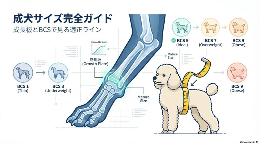 成長板の仕組みと適正体型（BCS）を測るトイプードルのイラスト。この記事のテーマである「トイプードル 成犬」の科学的なサイズ判断基準を象徴する一枚。