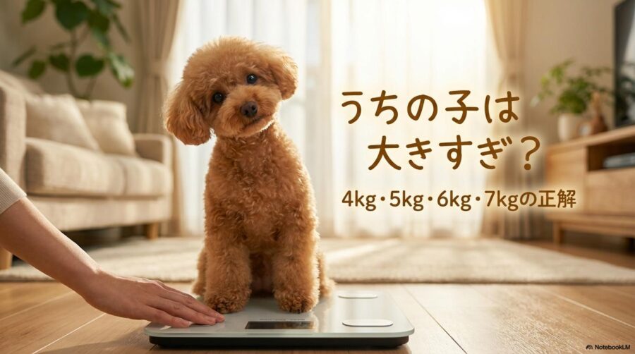 体重計に乗る健康的なトイプードルと見守る飼い主の手。この記事のテーマである「トイプードル 成犬」の体重別の悩み解決を象徴する一枚。