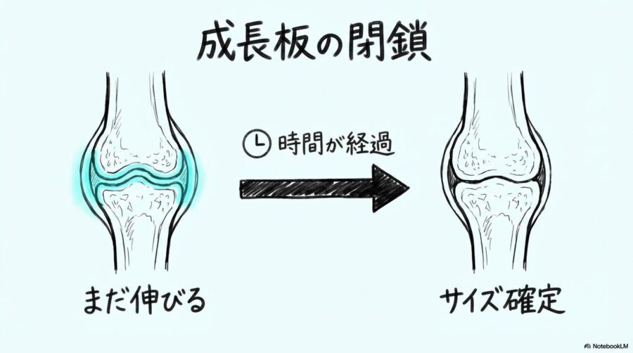 トイプードル成犬のサイズ確定を決める「成長板」の仕組み。未閉鎖と閉鎖の状態の違いを、VS図で表現した画像。